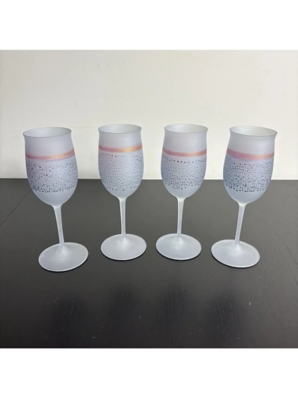 Vintage Set 4 Hand Painted Frosted Art Nouveau Satin Wine Glasses, Rueven Style